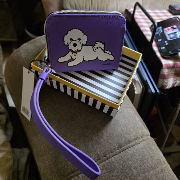 Bichon Frise White Puppy Dog Purple Wristlet Zip Around Wallet Marc Tetro NIB - Picture 10 of 12